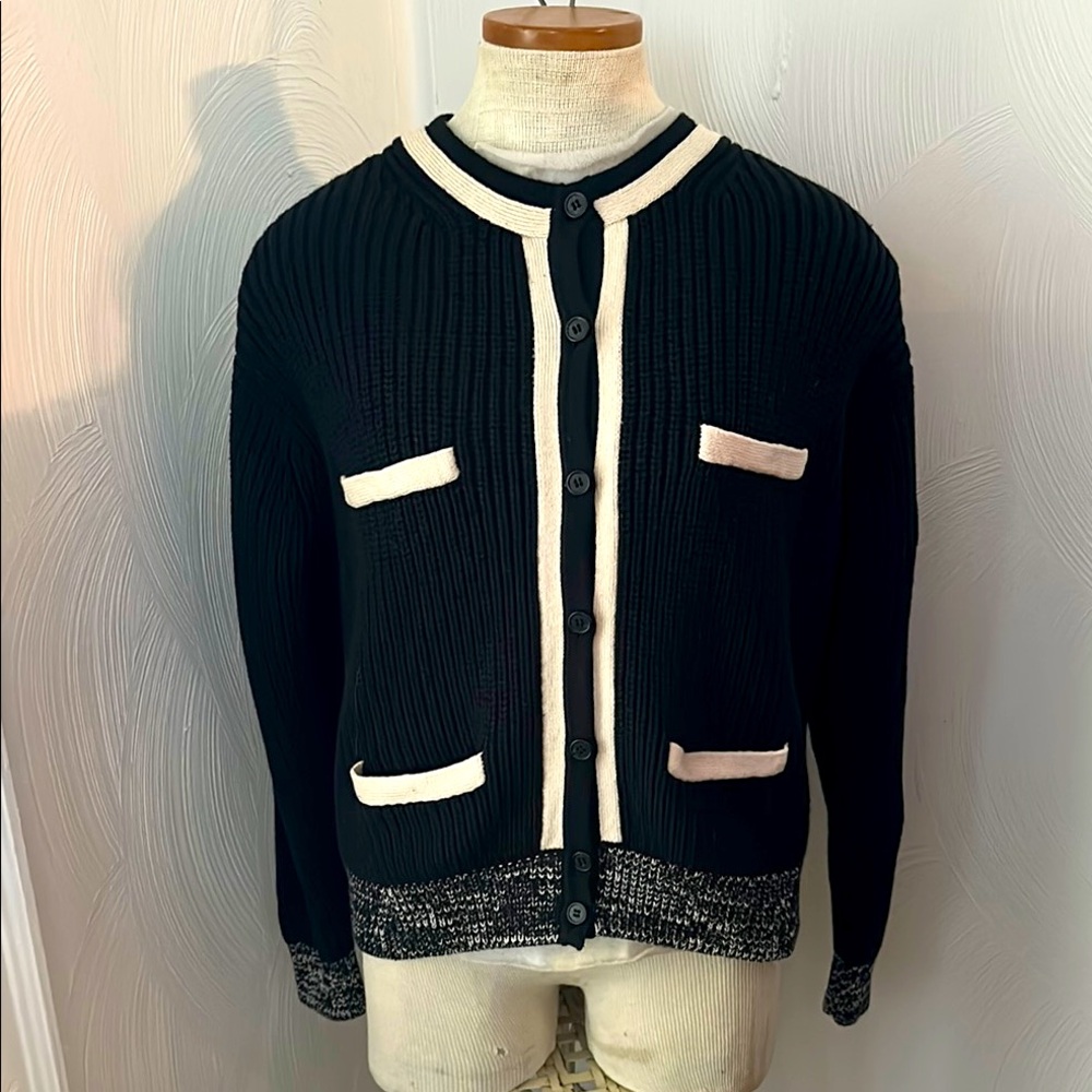 J. Crew Black and White Cardigan Sweater with white Trim NWT